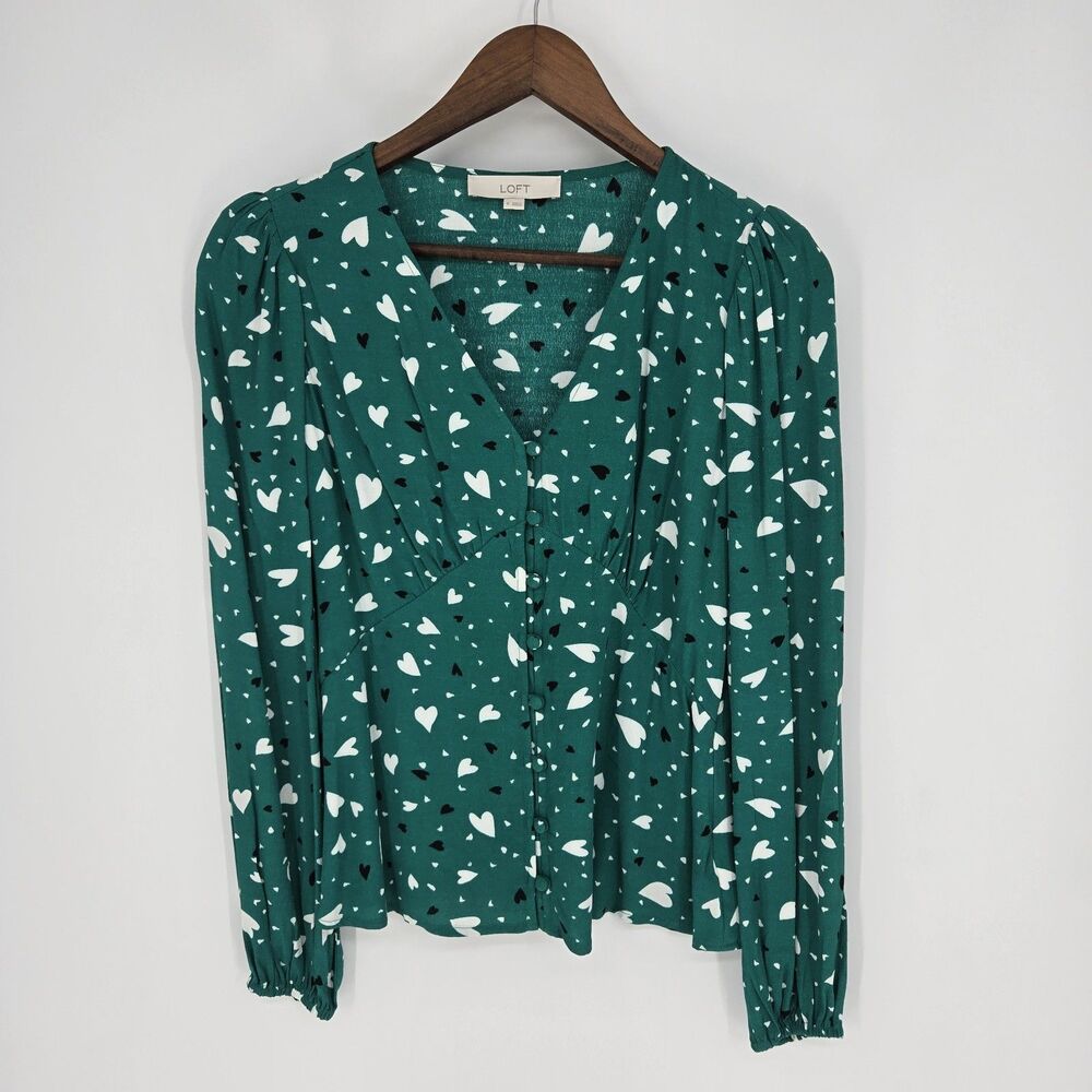 Loft Green Heart Pattern V Neck Blouse 0